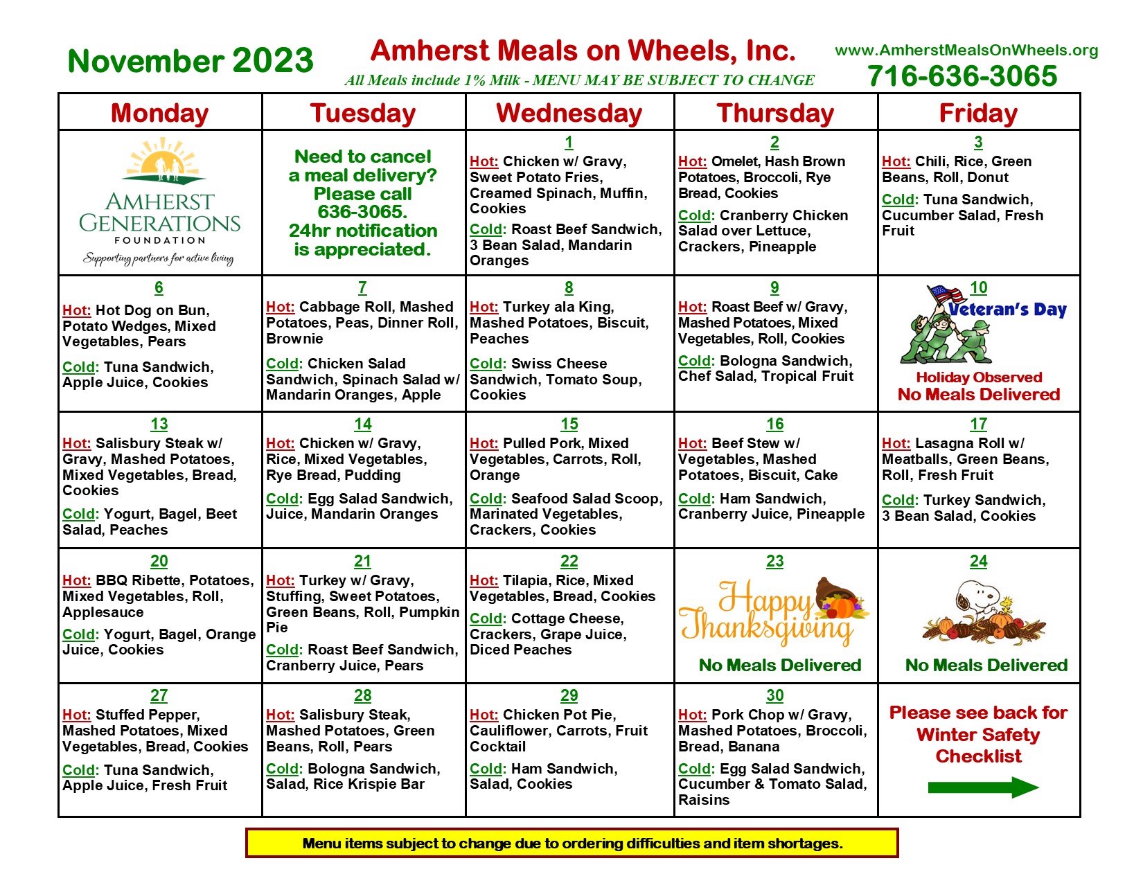 November 2023 menu | Amherst Meals on Wheels