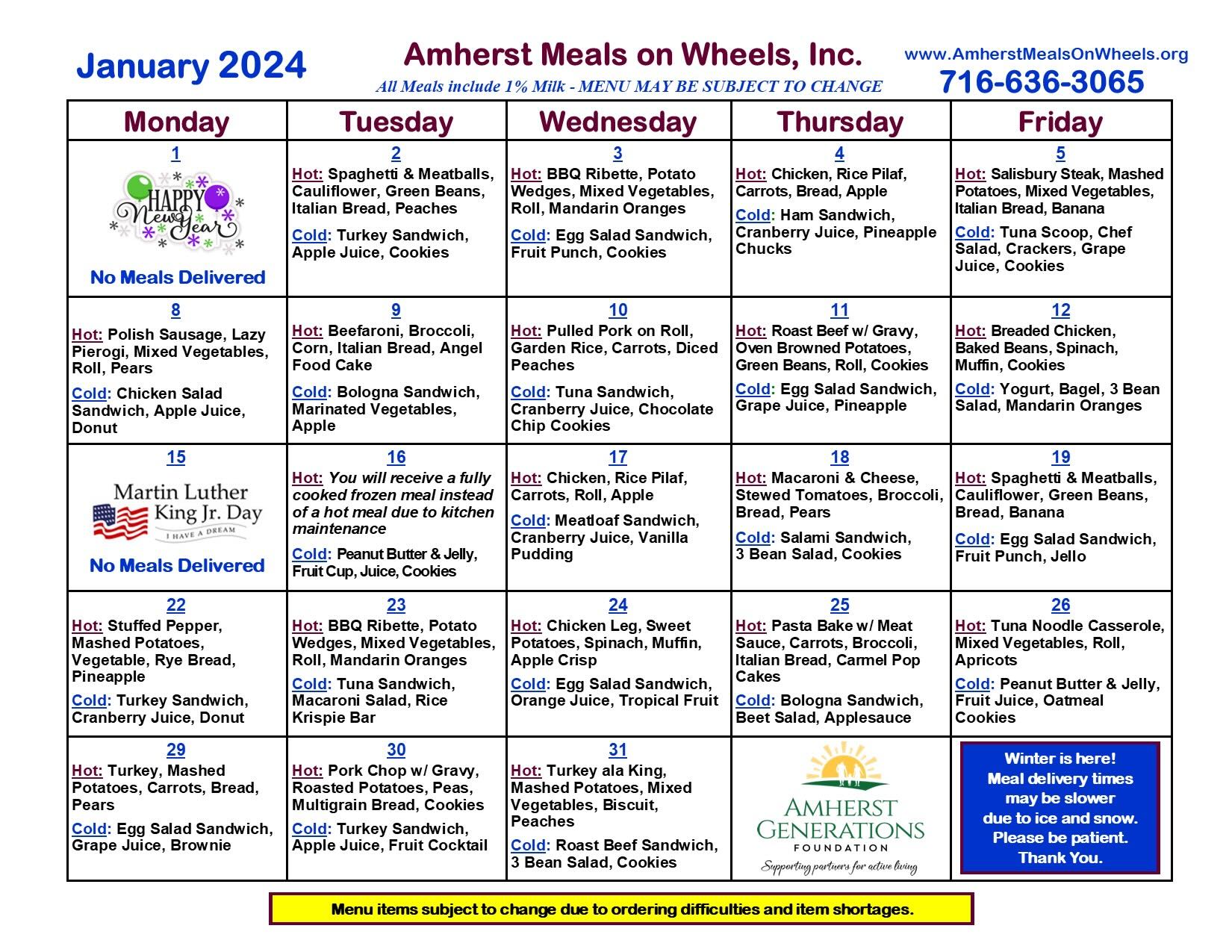 January 2024 menu Amherst Meals on Wheels